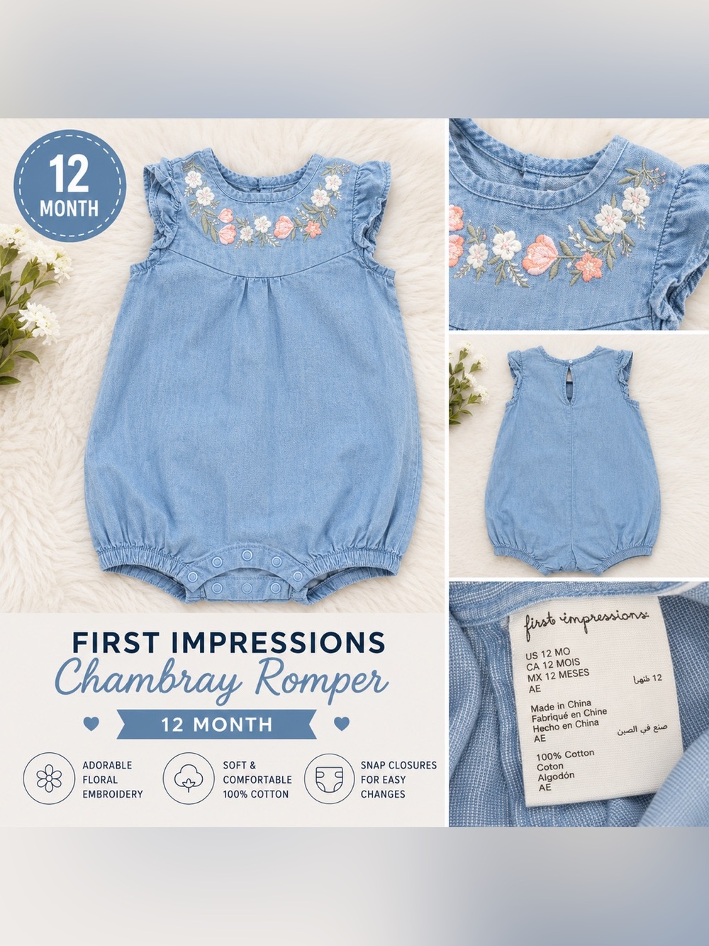 First Impressions Baby Girl Floral Chambray Romper – 12 Months